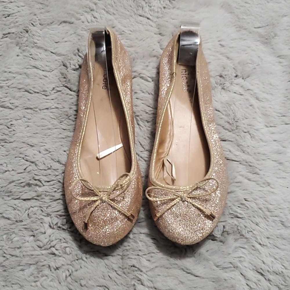 NICOLE gold glitter ribbon ballet flats -  size 9 wide